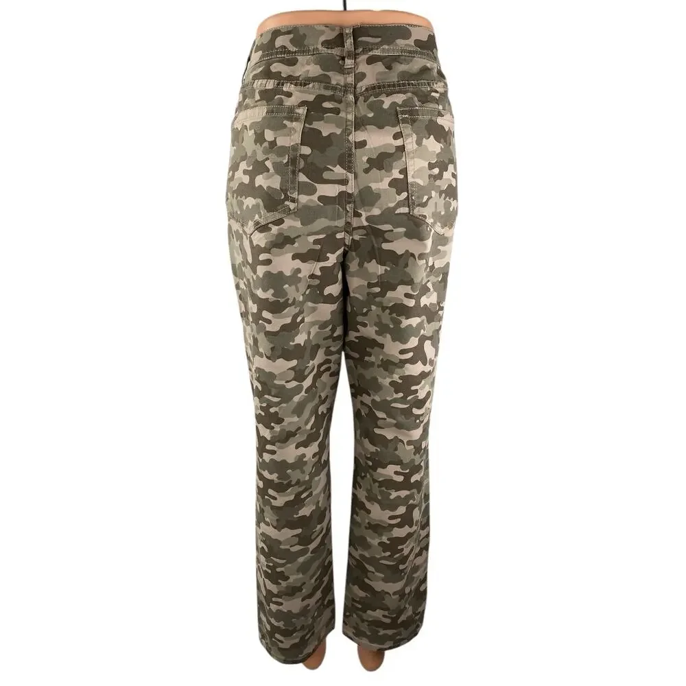 D&Co Denim & Co Women's Green Camo Army Military Straight Denim Jeans Size 14